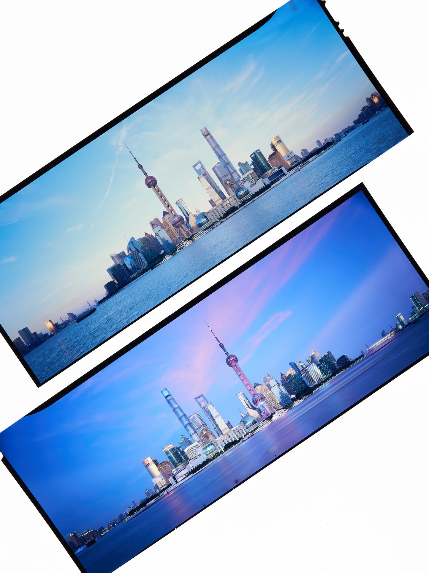 Two 4×10 format film photographs of the Shanghai skyline shown as a sample reference