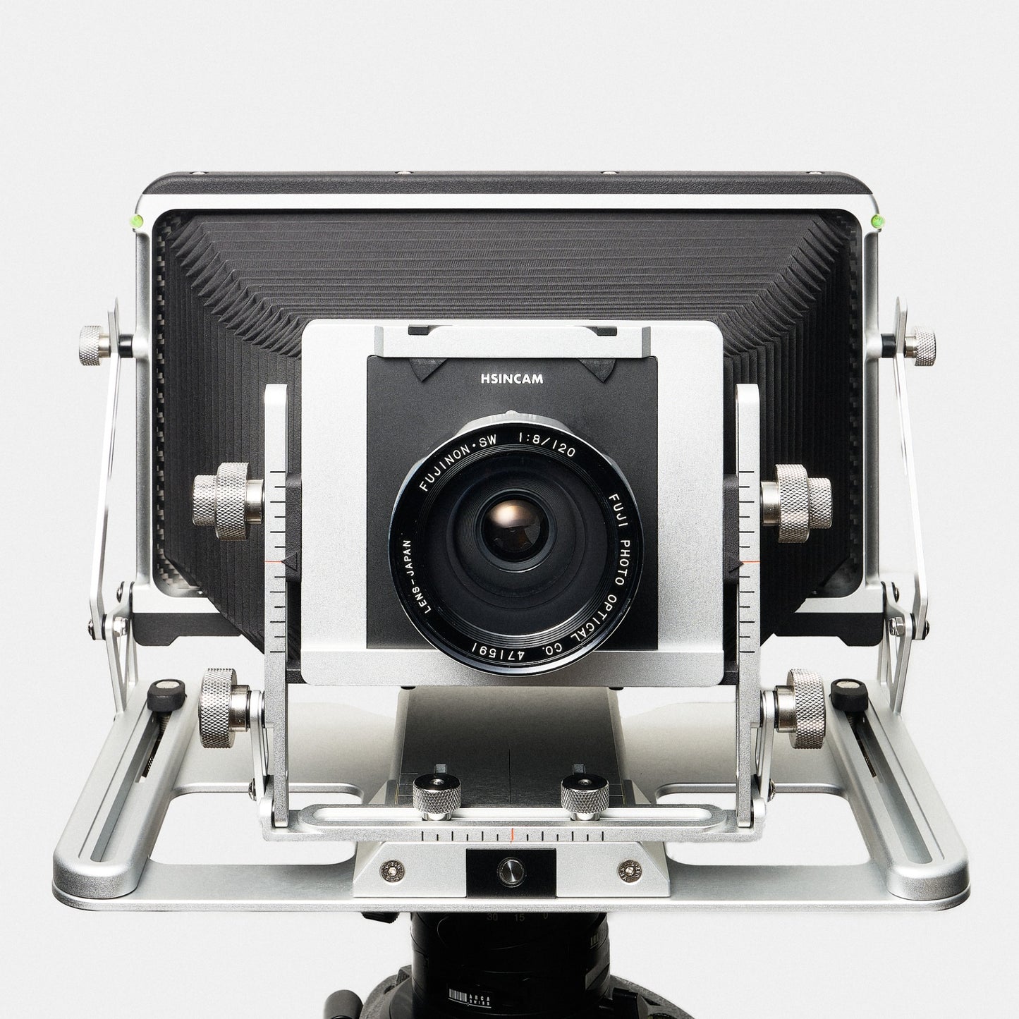 HSINCAM 410 4×10 large format camera front view in silver with black bellows
