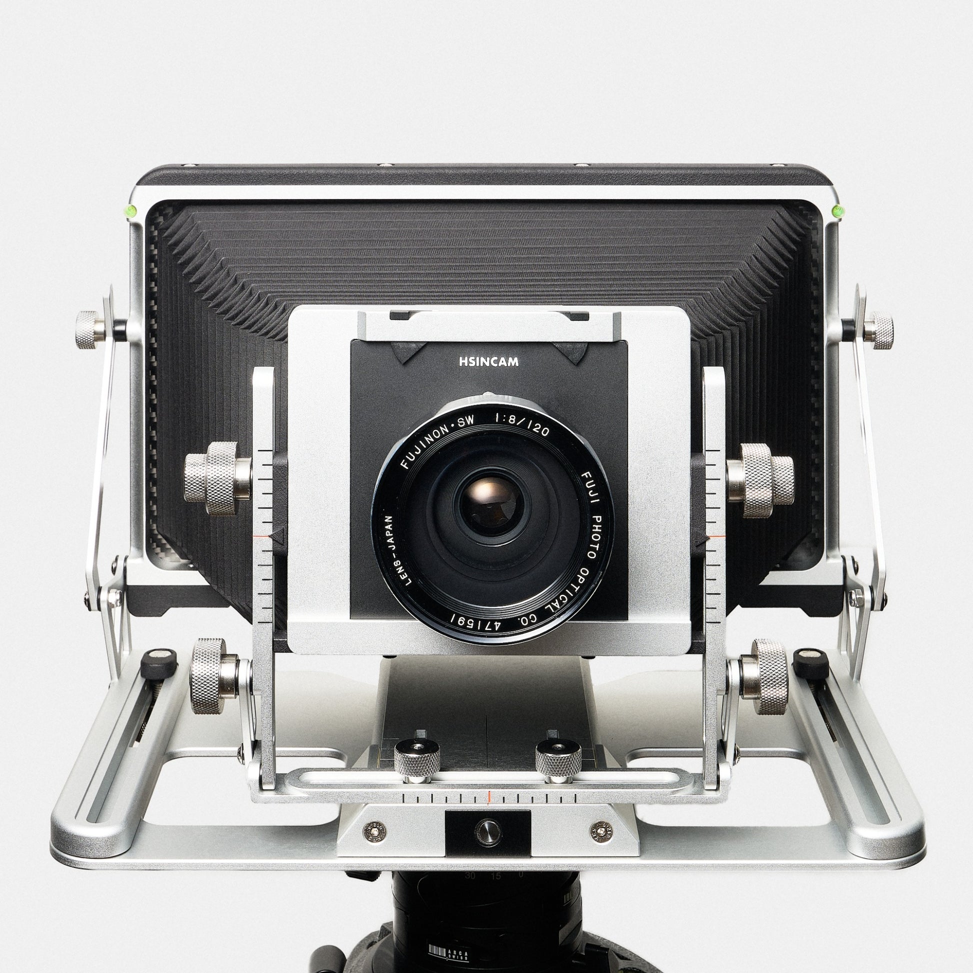 HSINCAM 410 4×10 large format camera front view in silver with black bellows