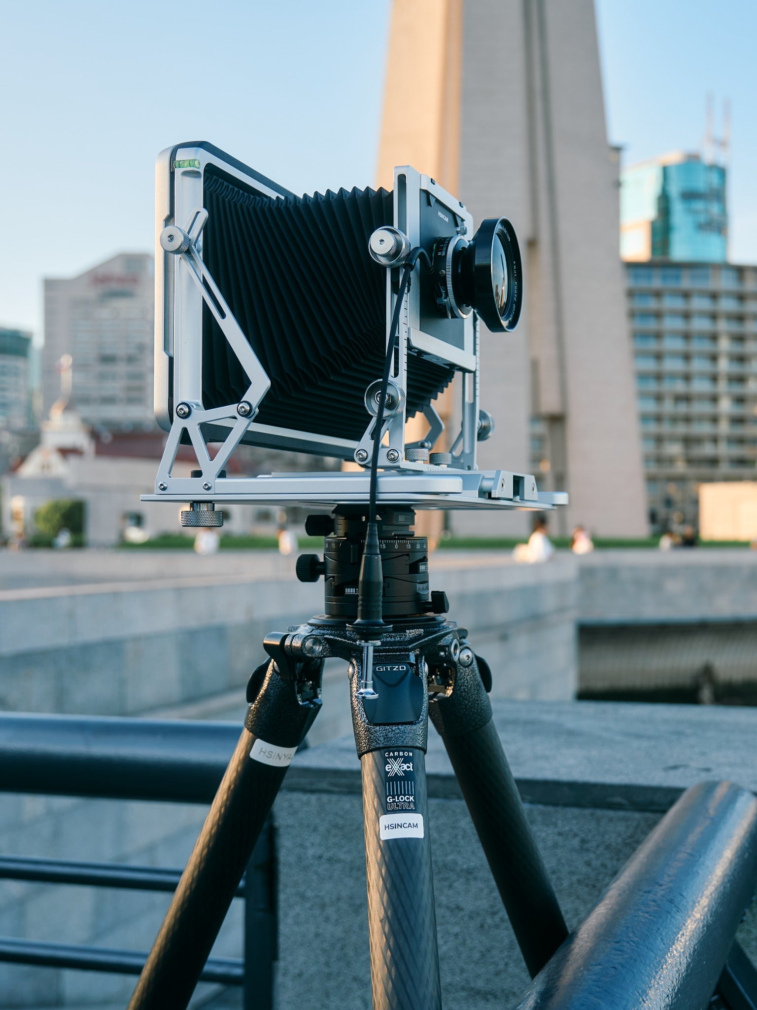 HSINCAM 410 4×10 large format camera in use on a tripod in Shanghai